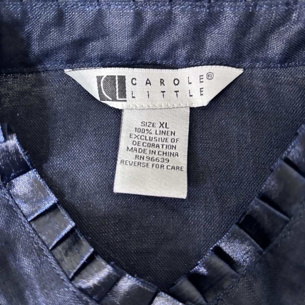 Carole Little Blouse XL Navy Blue Pintuck Ribbon Trim Cottagecore Minimalist - Picture 3 of 9
